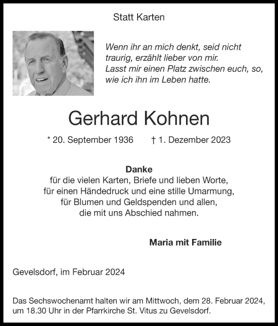 Traueranzeige von Gerhard Kohnen von Zeitung am Sonntag
