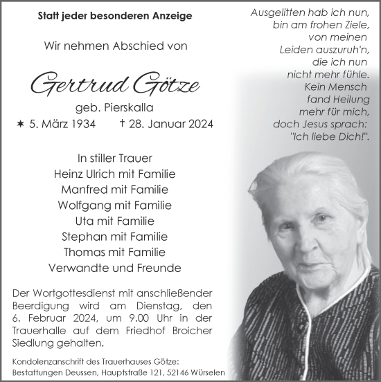 Traueranzeige von Gertrud Götze von Zeitung am Sonntag