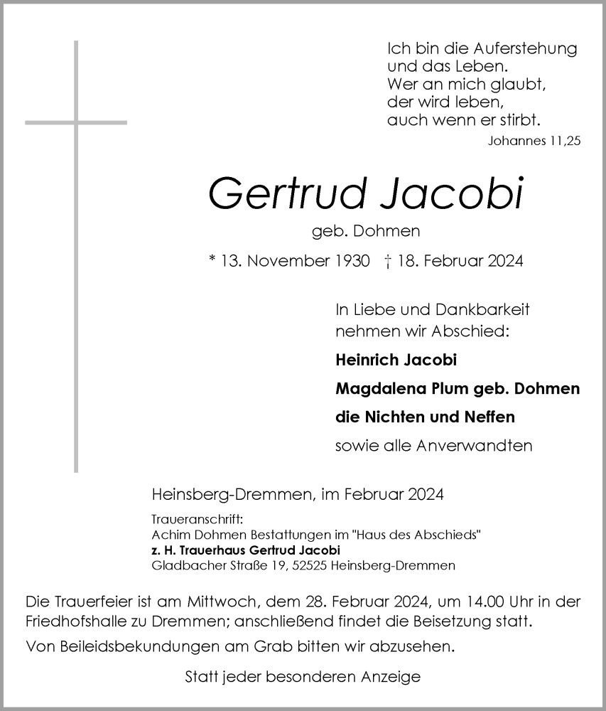  Traueranzeige für Gertrud Jacobi vom 25.02.2024 aus Zeitung am Sonntag