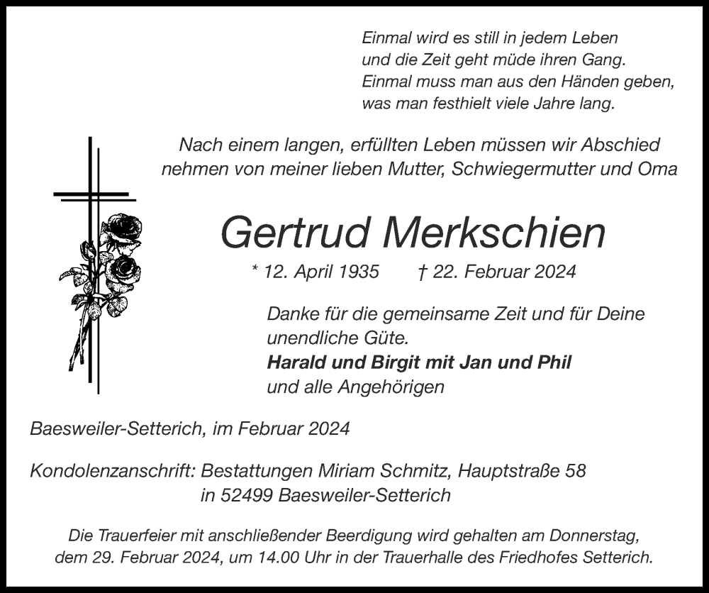  Traueranzeige für Gertrud Merkschien vom 25.02.2024 aus Zeitung am Sonntag