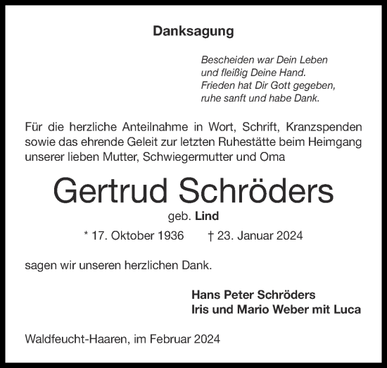 Traueranzeige von Gertrud Schröders von Zeitung am Sonntag