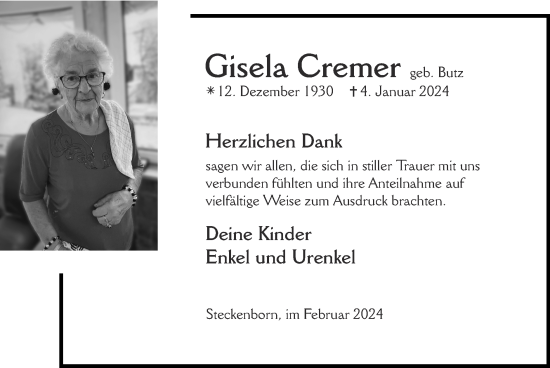Traueranzeige von Gisela Cremer von Zeitung am Sonntag