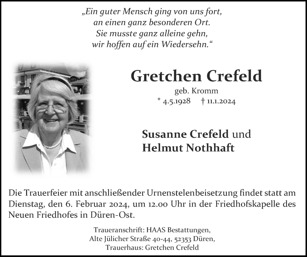  Traueranzeige für Gretchen Crefeld vom 04.02.2024 aus Zeitung am Sonntag