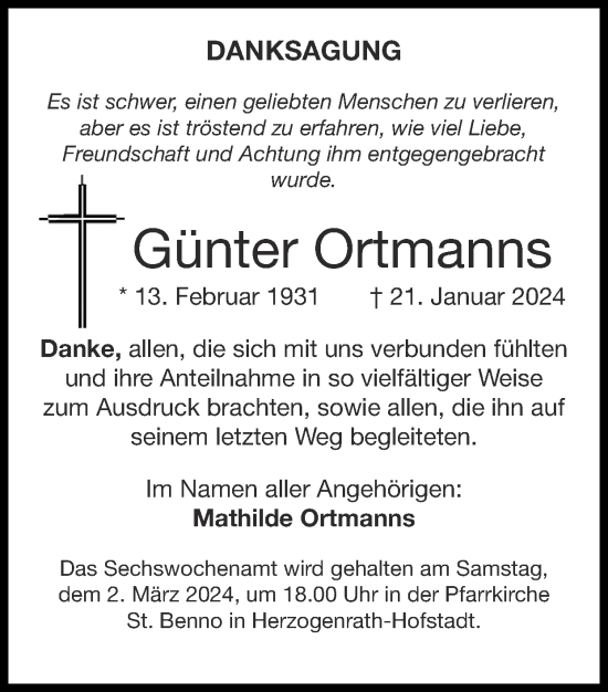 Traueranzeige von Günter Ortmanns von Zeitung am Sonntag