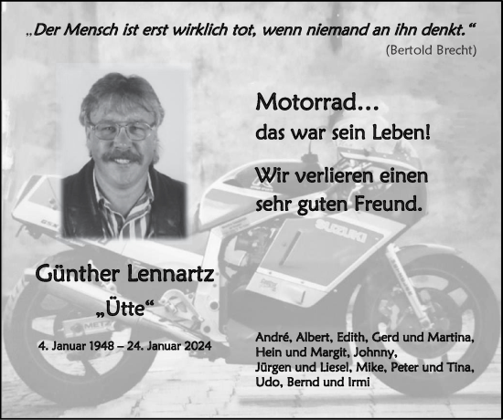 Traueranzeige von Günther Lennartz von Zeitung am Sonntag