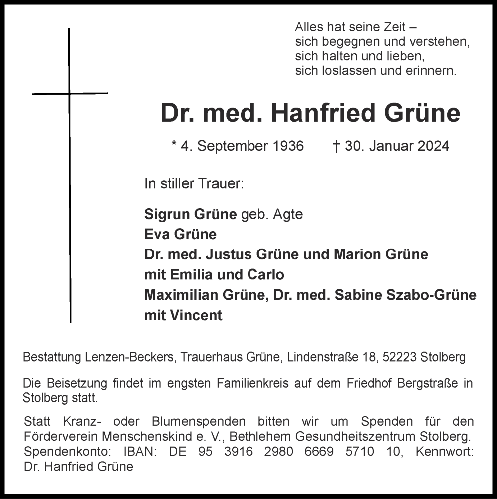  Traueranzeige für Hanfried Grüne vom 04.02.2024 aus Zeitung am Sonntag