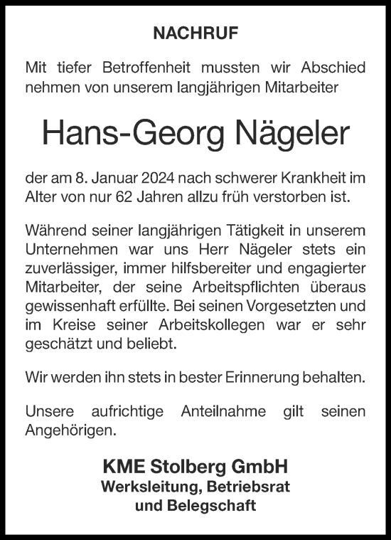 Traueranzeige von Hans-Georg Nägeler von Zeitung am Sonntag