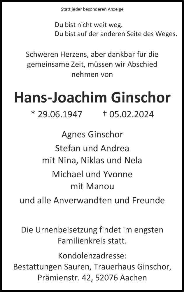  Traueranzeige für Hans-Joachim Ginschor vom 18.02.2024 aus Zeitung am Sonntag