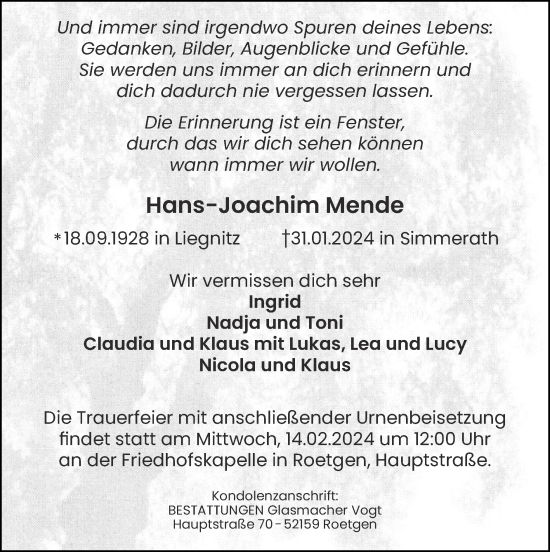 Traueranzeige von Hans-Joachim Mende von Zeitung am Sonntag