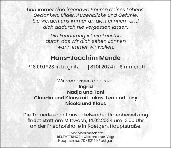 Traueranzeige von Hans-Joachim Mende von Aachener Zeitung