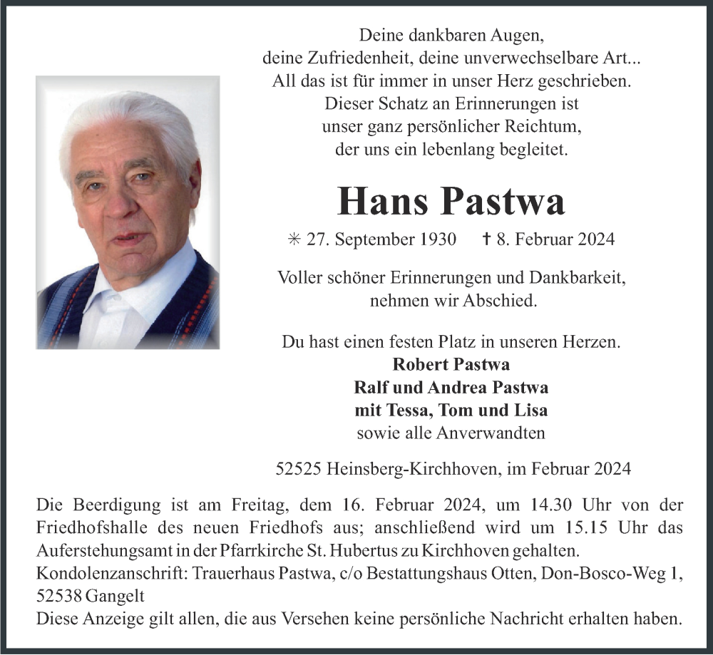  Traueranzeige für Hans Pastwa vom 11.02.2024 aus Zeitung am Sonntag