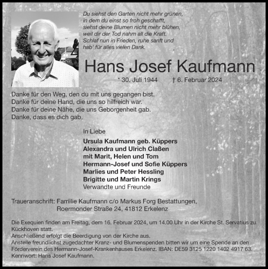 Traueranzeige von Hans Josef Kaufmann von Zeitung am Sonntag