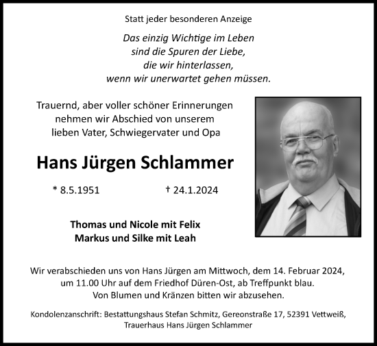 Traueranzeige von Hans Jürgen Schlammer von Zeitung am Sonntag