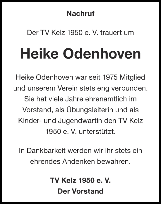 Traueranzeige von Heike Odenhoven von Zeitung am Sonntag