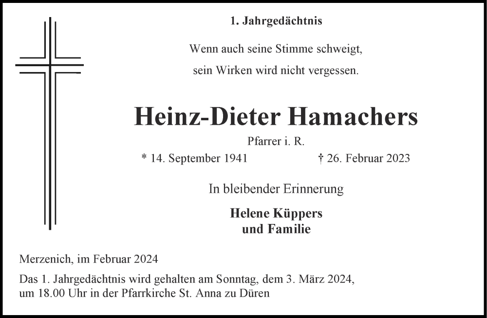  Traueranzeige für Heinz-Dieter Hamachers vom 24.02.2024 aus Aachener Zeitung