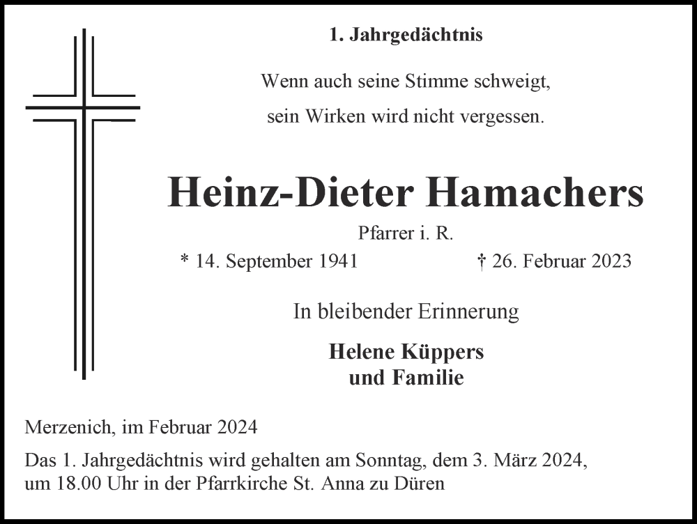  Traueranzeige für Heinz-Dieter Hamachers vom 25.02.2024 aus Zeitung am Sonntag