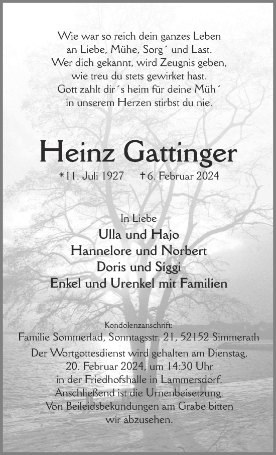 Traueranzeige von Heinz Gattinger von Zeitung am Sonntag
