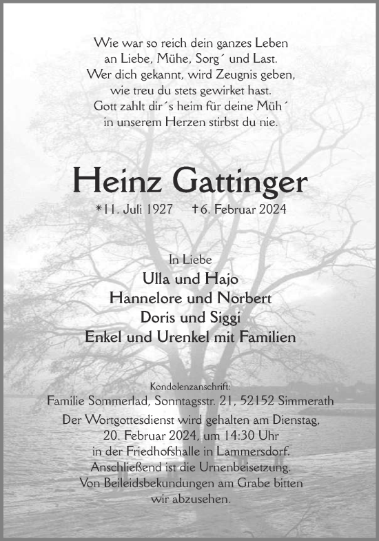 Traueranzeige von Heinz Gattinger von Aachener Zeitung