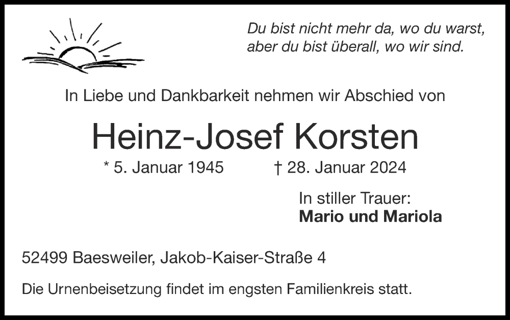  Traueranzeige für Heinz-Josef Korsten vom 04.02.2024 aus Zeitung am Sonntag