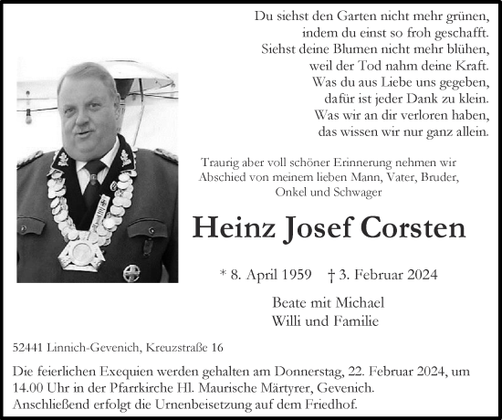 Traueranzeige von Heinz Josef Corsten von Zeitung am Sonntag