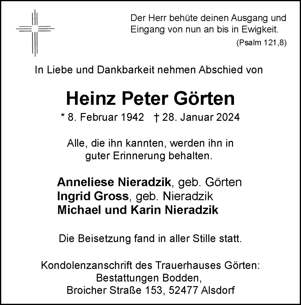  Traueranzeige für Heinz Peter Görten vom 18.02.2024 aus Zeitung am Sonntag