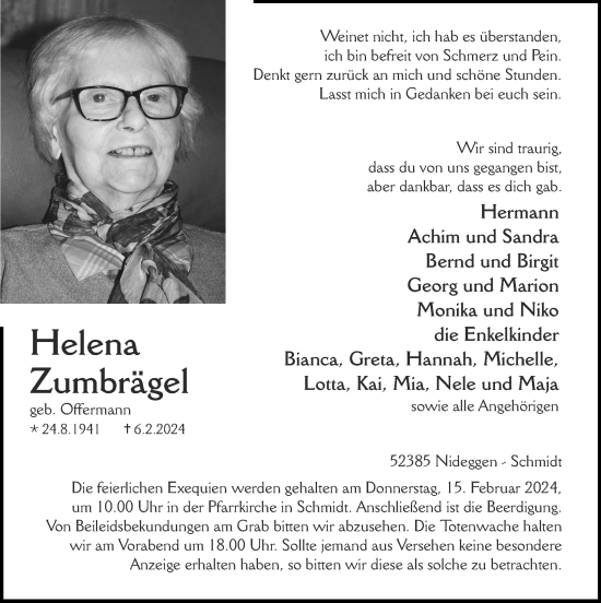 Traueranzeige von Helena Zumbrägel von Zeitung am Sonntag