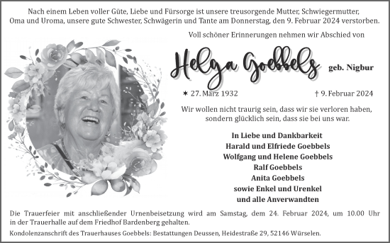Traueranzeige von Helga Goebbels von Zeitung am Sonntag