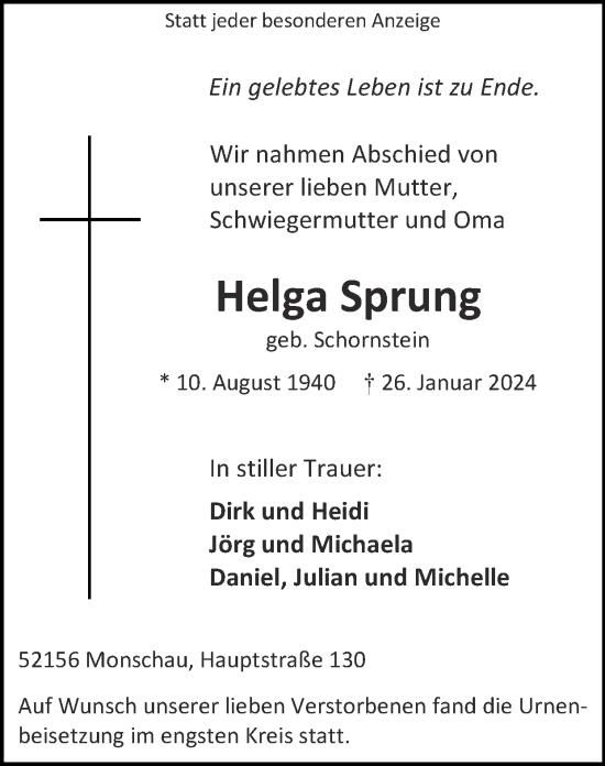 Traueranzeige von Helga Sprung von Zeitung am Sonntag