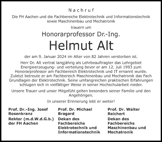 Traueranzeige von Helmut Alt von Aachener Zeitung