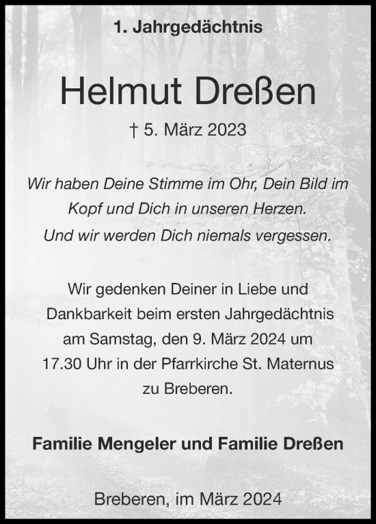Traueranzeige von Helmut Dreßen von Zeitung am Sonntag