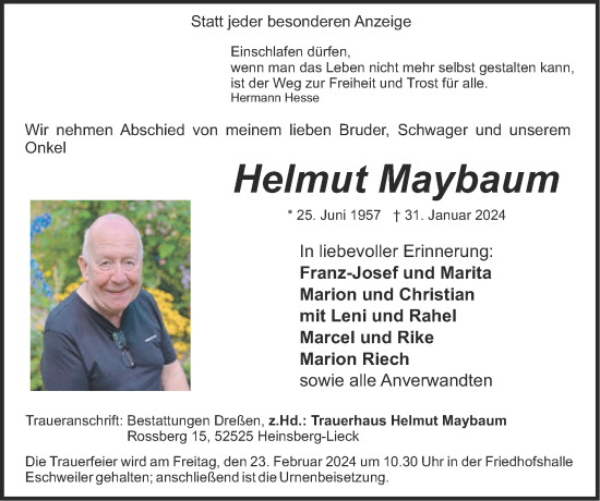 Traueranzeige von Helmut Maybaum von Zeitung am Sonntag