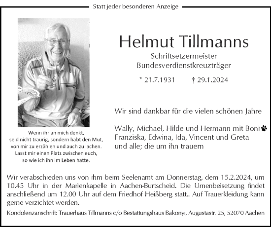 Traueranzeige von Helmut Tillmanns von Zeitung am Sonntag