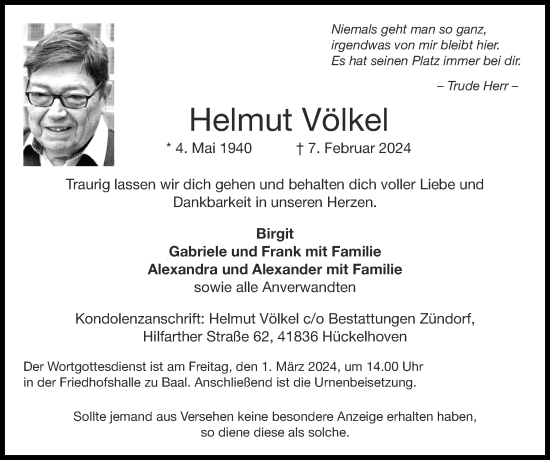 Traueranzeige von Helmut Völkel von Zeitung am Sonntag