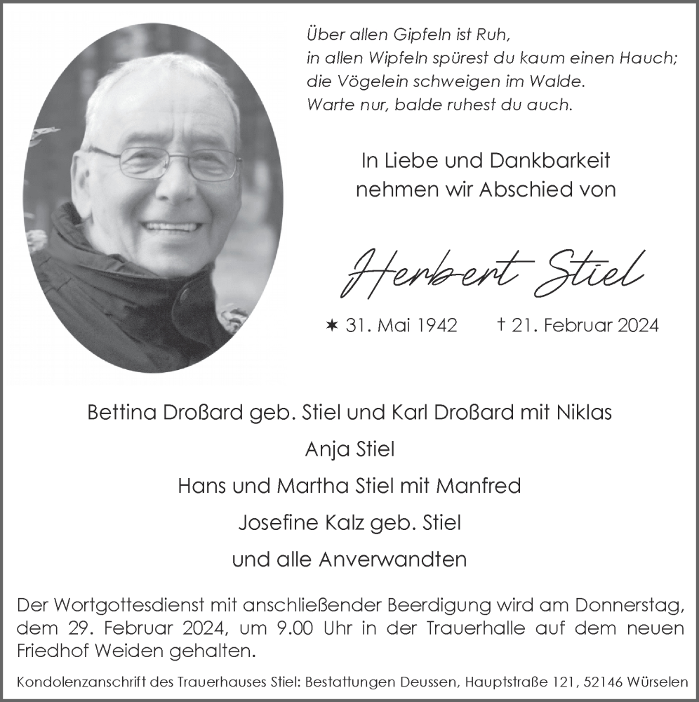  Traueranzeige für Herbert Stiel vom 25.02.2024 aus Zeitung am Sonntag
