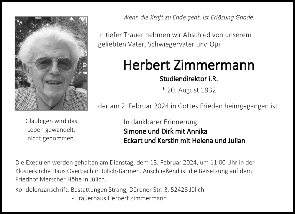 Traueranzeige für Herbert Zimmermann vom 10.02.2024 aus Aachener Zeitung