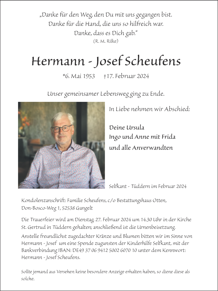  Traueranzeige für Hermann-Josef Scheufens vom 25.02.2024 aus Zeitung am Sonntag