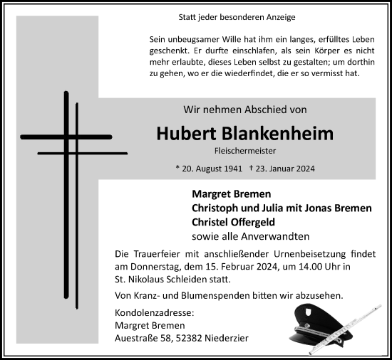Traueranzeige von Hubert Blankenheim von Zeitung am Sonntag