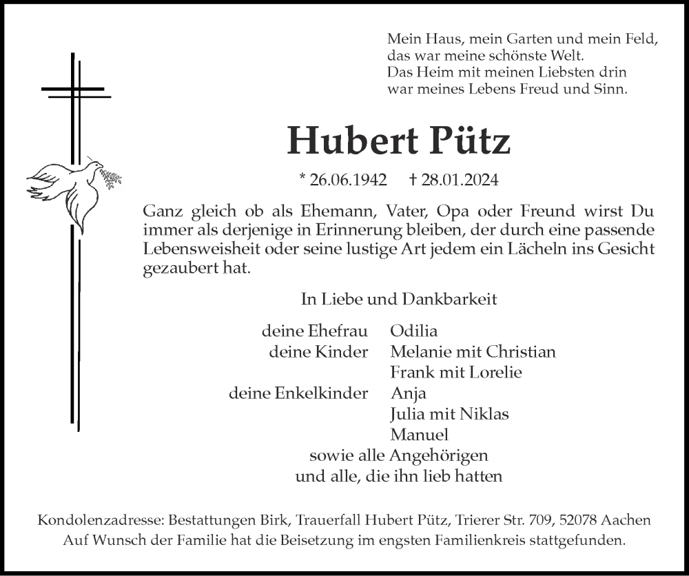  Traueranzeige für Hubert Pütz vom 18.02.2024 aus Zeitung am Sonntag