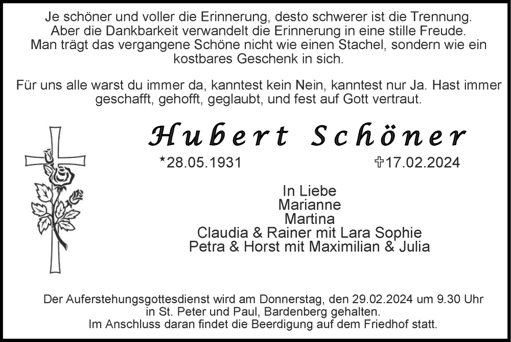  Traueranzeige für Hubert Schöner vom 25.02.2024 aus Zeitung am Sonntag