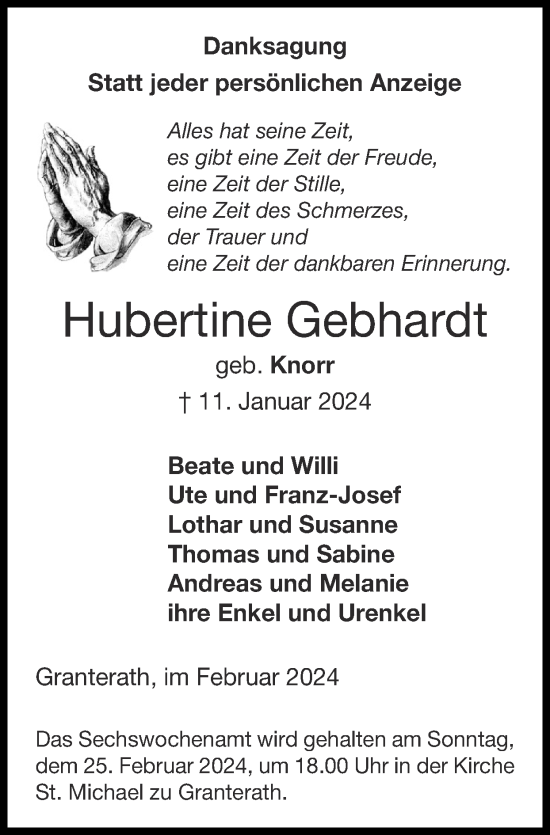 Traueranzeige von Hubertine Gebhardt von Zeitung am Sonntag