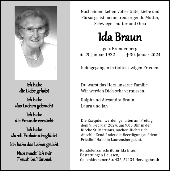 Traueranzeige von Ida Braun von Zeitung am Sonntag