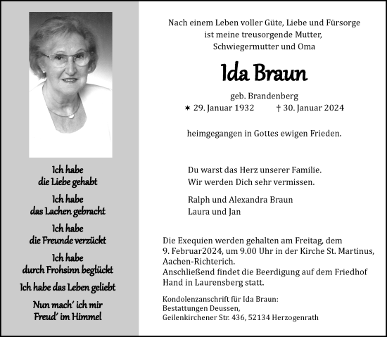 Traueranzeige von Ida Braun von Aachener Zeitung