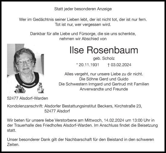 Traueranzeige von Ilse Rosenbaum von Zeitung am Sonntag