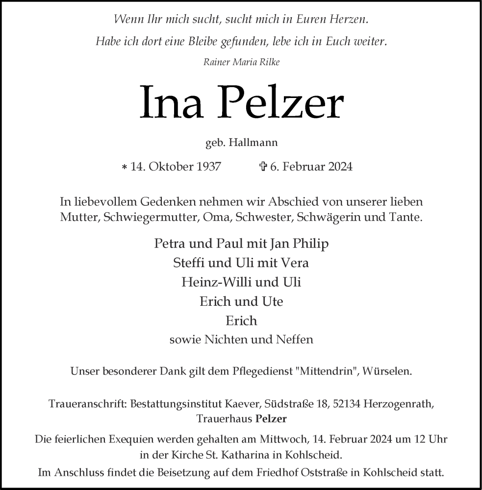  Traueranzeige für Ina Pelzer vom 10.02.2024 aus Aachener Zeitung