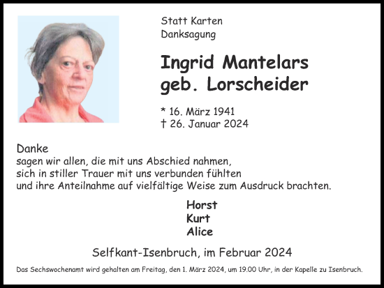 Traueranzeige von Ingrid Mantelars von Zeitung am Sonntag