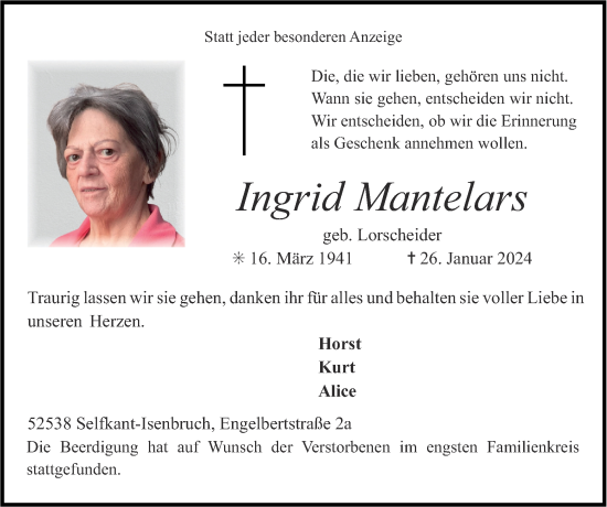 Traueranzeige von Ingrid Mantelars von Zeitung am Sonntag