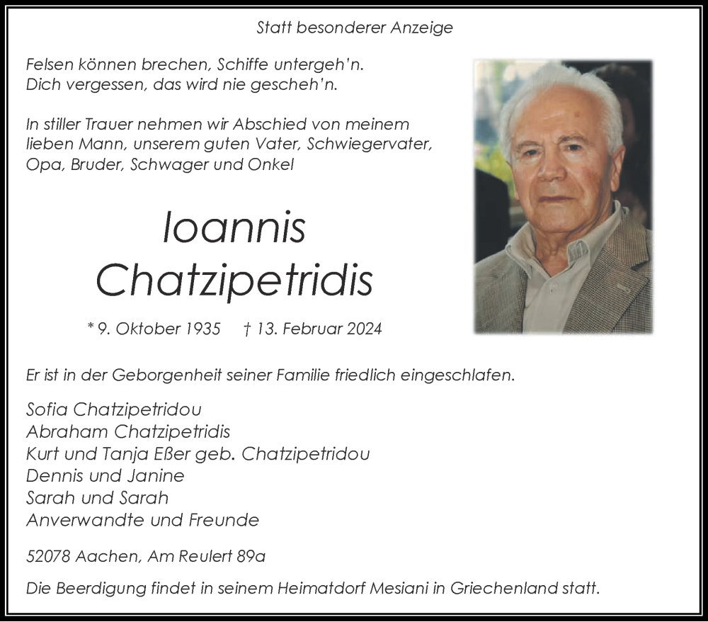  Traueranzeige für Ioannis Chatzipetridis vom 18.02.2024 aus Zeitung am Sonntag