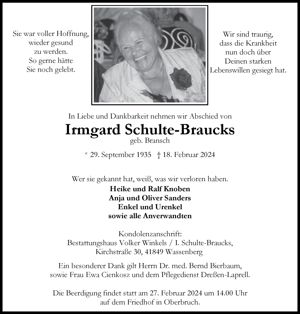  Traueranzeige für Irmgard Schulte-Braucks vom 25.02.2024 aus Zeitung am Sonntag