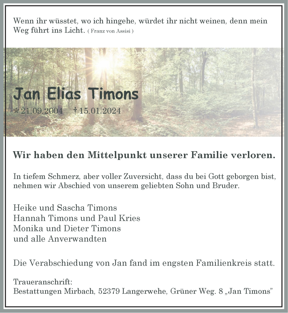  Traueranzeige für Jan Elias Timons vom 04.02.2024 aus Zeitung am Sonntag