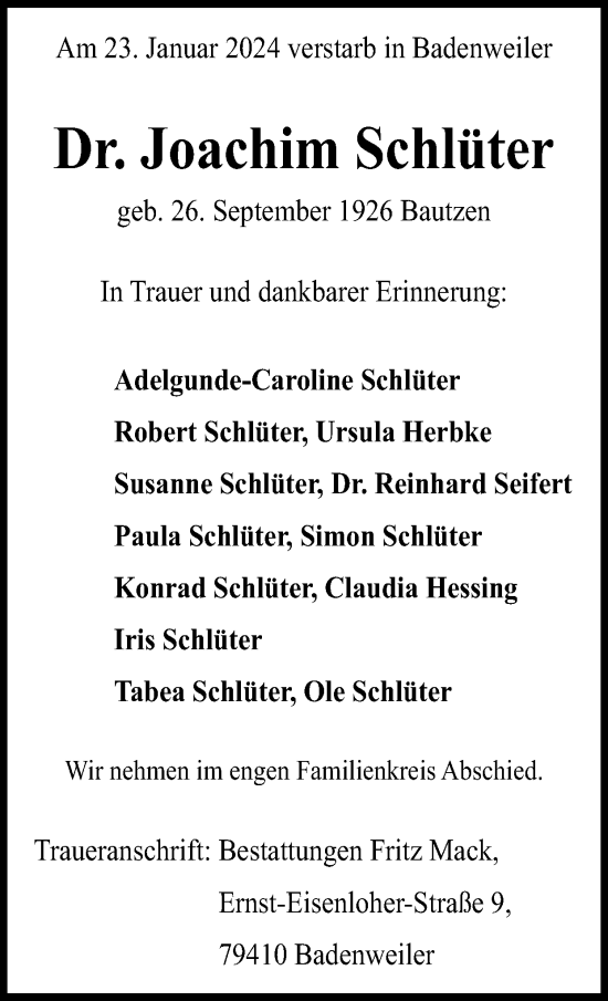 Traueranzeige von Joachim Schlüter von Zeitung am Sonntag